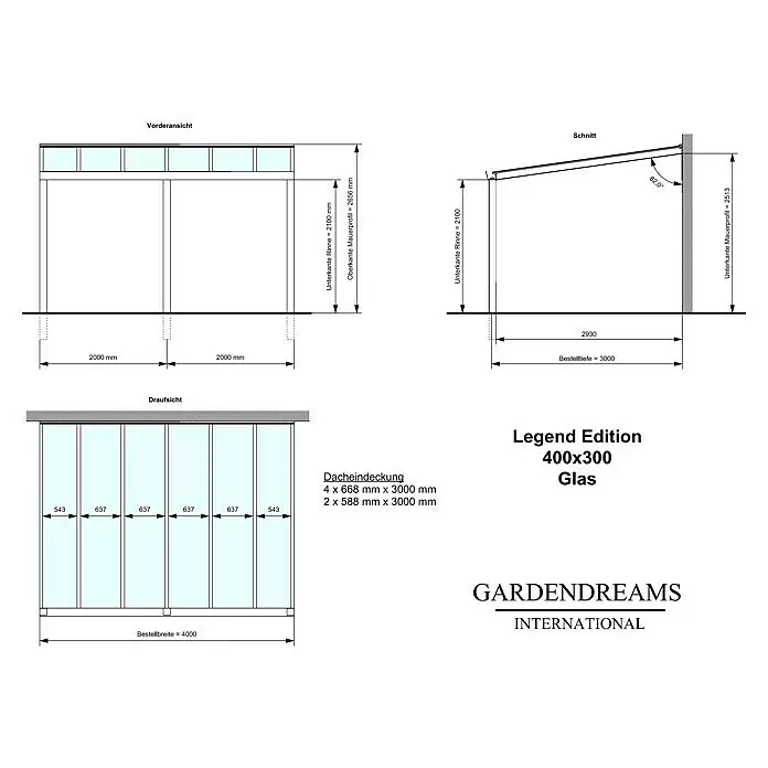 Gardendreams Terrassenüberdachung Legend Sonderedition - B x T: 400 x 300 cm, Anthrazitgrau Struktur, Verbundsicherheitsglas (VSG), Klar - Technische Zeichnung einer Glas-Veranda (Legend Edition 400x300) mit Maßen und Dachpaneeldetails.