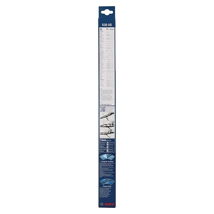 Bosch Scheibenwischer TWIN - 530 US, Anzahl: 1 Stk. - BOSCH Scheibenwischer 530 US, mit fahrzeugspezifischer Kompatibilitätsliste, Montagehinweisen und Produktvorteilen wie Longlife Rubber und Quick-Clip.