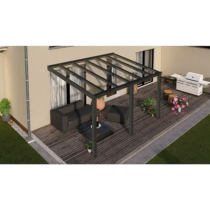 Gardendreams Terrassenüberdachung Legend Sonderedition - B x T: 400 x 300 cm, Anthrazitgrau Struktur, Verbundsicherheitsglas (VSG), Klar - Terrassenüberdachung mit grauen Pfosten und transparentem Dach, stilvolles Ambiente für entspannte Stunden im Freien. Inklusive Grill, Tisch, Sitzmöbel und Pflanzen.