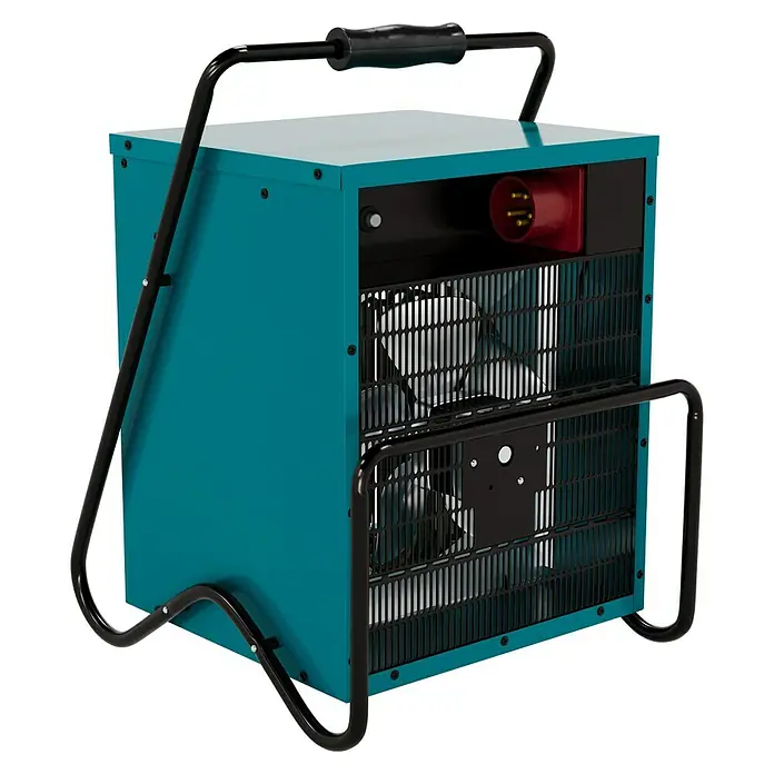 Voltomat HEATING Bauheizer - 15.000 W, Nennspannung: 400 V, Blau, IP24 - Ein blaugrüner, tragbarer Elektroheizer mit schwarzem Metallrahmen und rotem Stecker. Ideal für Baustellen und Werkstätten.