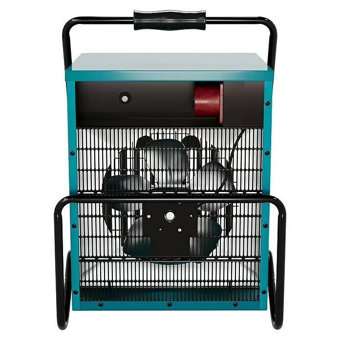 Voltomat HEATING Bauheizer - 15.000 W, Nennspannung: 400 V, Blau, IP24 - Türkiser und schwarzer Industrielüfter mit großem sichtbaren Ventilator und rotem Heizelement.