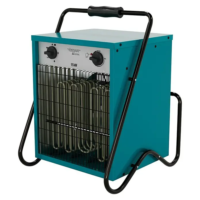 Voltomat HEATING Bauheizer - 15.000 W, Nennspannung: 400 V, Blau, IP24 - Nahaufnahme eines blauen Voltomat Heizlüfters mit 15kW, der für effiziente Raumbeheizung sorgt und leicht zu transportieren ist.