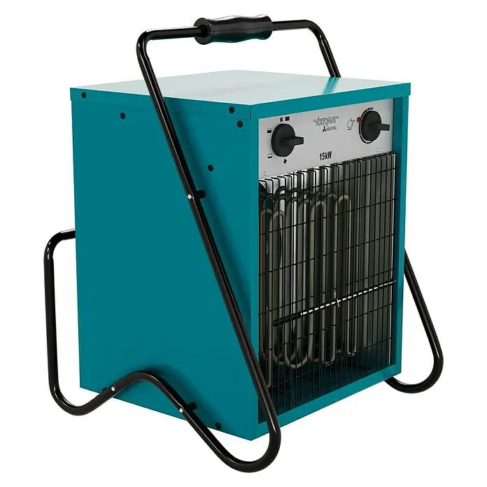 Voltomat HEATING Bauheizer - 15.000 W, Nennspannung: 400 V, Blau, IP24 - Abbildung einer tragbaren Elektroheizung mit 15 kW Leistung, ideal für Baustellen und Werkstätten.