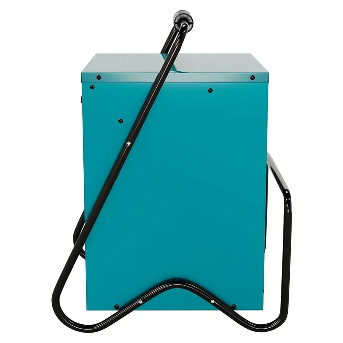 Voltomat HEATING Bauheizer - 15.000 W, Nennspannung: 400 V, Blau, IP24 - Nahaufnahme eines tragbaren Entfeuchters in Türkis mit schwarzem Griff und Rahmen. Er ist kompakt und robust für verschiedene Umgebungen.