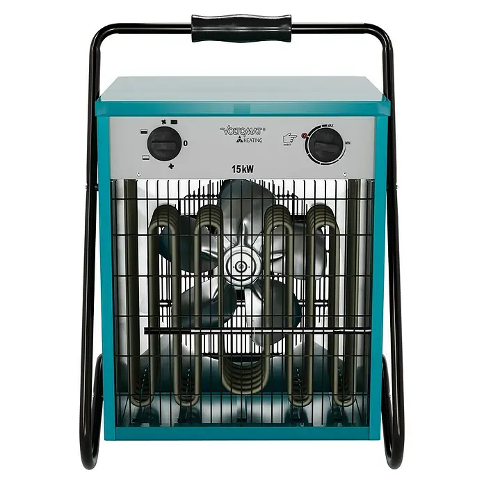 Voltomat HEATING Bauheizer - 15.000 W, Nennspannung: 400 V, Blau, IP24 - Abbildung eines tragbaren VOLTOMAT Heizlüfters mit 15kW Leistung, ideal für Baustellen und Werkstätten.\n