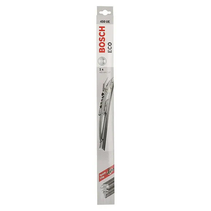 Bosch Scheibenwischer ECO - 450 UE, Anzahl: 1 Stk. - Produktfoto eines Bosch Eco 450 UE Scheibenwischers in der Verpackung mit Quick-Clip-System, 450 mm Länge.