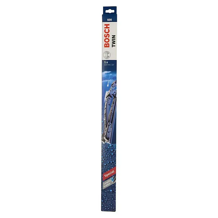 Bosch Scheibenwischer TWIN - 600, Anzahl: 1 Stk. - Abbildung einer Bosch Twin Scheibenwischerverpackung (600 mm / 24 Zoll) mit blauem Hintergrund und Wassertropfen.
