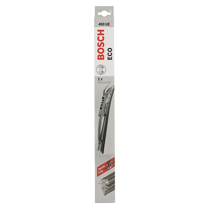 Bosch Scheibenwischer ECO - 400 UE, Anzahl: 1 Stk. - Abbildung eines Bosch Eco 400 UE Scheibenwischers, der für klare Sicht und Sicherheit bei jedem Wetter sorgt. Einfache und schnelle Montage dank Quick-Clip.