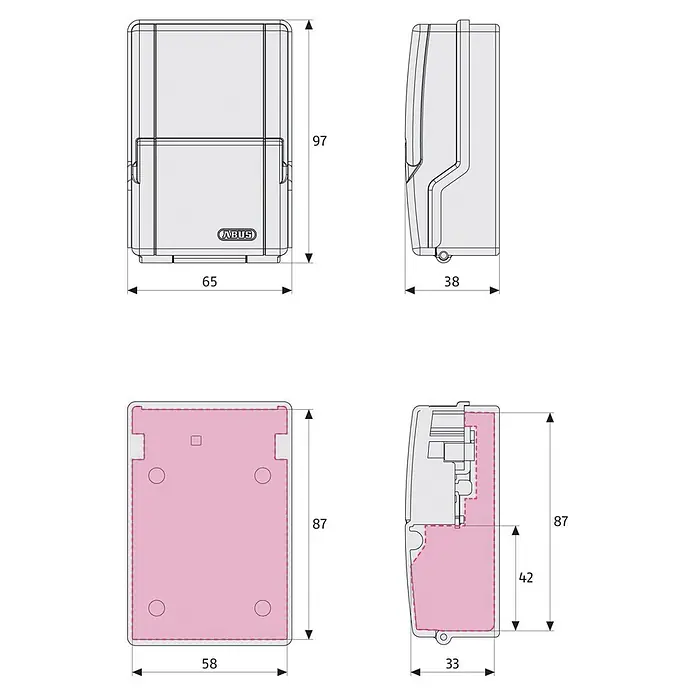 Abus Schlüsselbox Key Garage 727 - Geeignet für: Bis zu 8 Schlüssel, L x B x H: 38 x 62 x 95 mm, Ohne Bügel - Produktabbildung mit den Maßen 65 x 97 x 38 mm (Frontansicht, Seitenansicht) und 58 x 87 x 33 mm (Rückansicht, Seitenansicht mit Innenansicht).