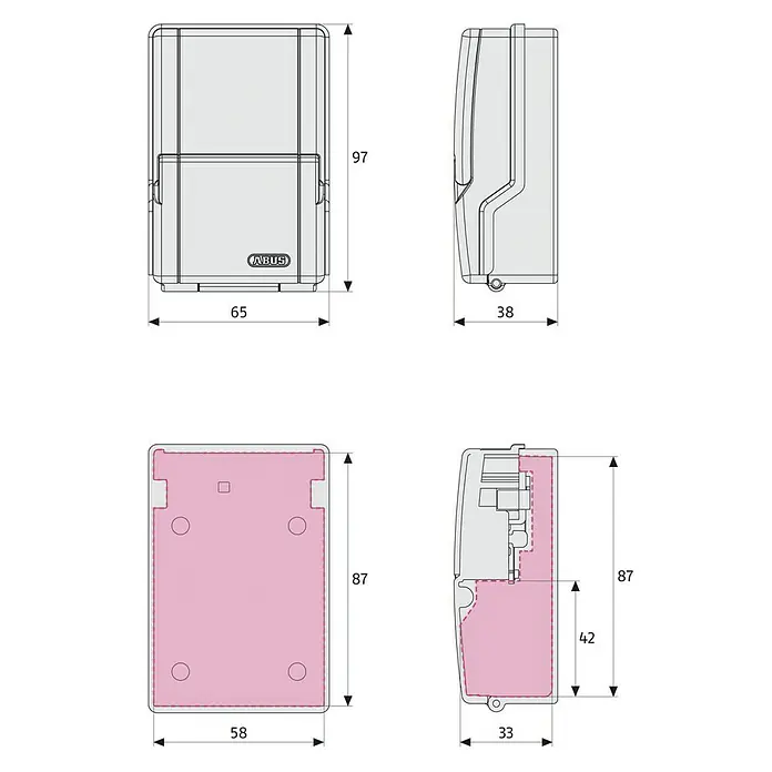 Abus Schlüsselbox Key Garage 727 - Geeignet für: Bis zu 8 Schlüssel, L x B x H: 38 x 62 x 95 mm, Ohne Bügel - Produktabbildung mit den Maßen 65 x 97 x 38 mm (Frontansicht, Seitenansicht) und 58 x 87 x 33 mm (Rückansicht, Seitenansicht mit Innenansicht).