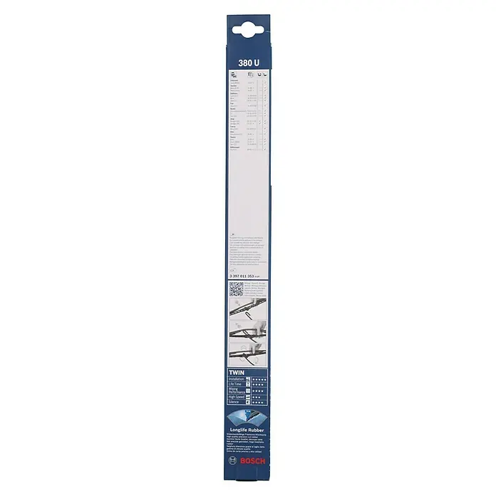 Bosch Scheibenwischer TWIN - 380 U, Anzahl: 1 Stk. - Produktverpackung für Bosch 380 U Scheibenwischer: Langlebige Gummis für optimale Leistung und einfache Installation.