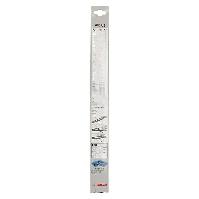 Bosch Scheibenwischer ECO - 400 UE, Anzahl: 1 Stk. - Produktverpackung für Bosch 400 UE Scheibenwischer mit ECO-Bewertung und Quick-Clip-System für einfache Montage.