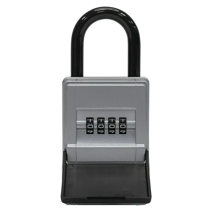 Abus Schlüsselbox Key Garage 737 - Geeignet für: Bis zu 8 Schlüssel, L x B x H: 40 x 65 x 150 mm, Mit Bügel - Das Bild zeigt einen grauen Schlüsseltresor mit einem schwarzen Bügel und einem vierstelligen Zahlenschloss. Der Tresor hat eine Klappe an der Unterseite.