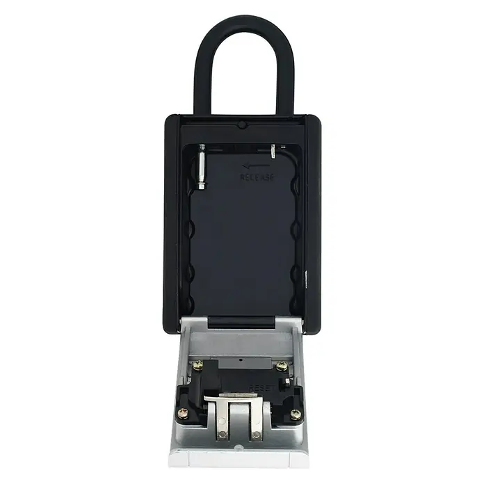 Abus Key Garage Schlüsselbox 797 BIG MIT BUEGEL - Geeignet für: Schlüssel, L x B x H: 62 x 84 x 178 mm - Nahaufnahme eines geöffneten Schlüsselsafes mit Bügel, der zur sicheren Aufbewahrung von Schlüsseln dient.