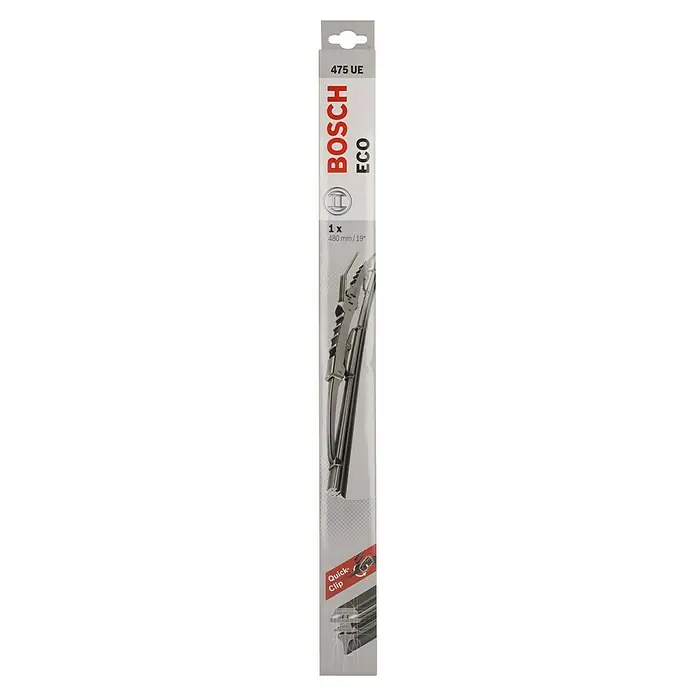 Bosch Scheibenwischer ECO - 475 UE, Anzahl: 1 Stk. - Verpackung des Bosch Eco 475 UE Scheibenwischers, 480 mm/19 Zoll, mit Quick-Clip für einfache Montage und optimales Wischergebnis.