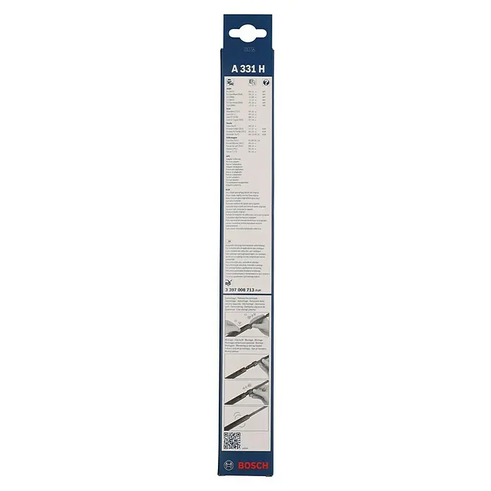 Bosch Aerotwin Heck-Scheibenwischer - A331H, 1 Stk. - Das Bild zeigt eine Verpackung eines Bosch A 331 H Scheibenwischers mit Anwendungs- und Montagehinweisen.