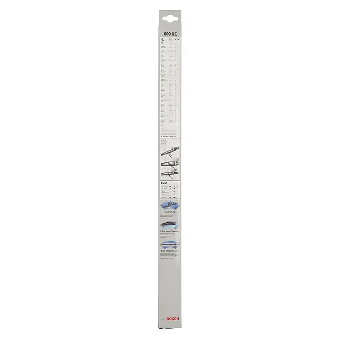 Bosch Scheibenwischer ECO - 600 UE, Anzahl: 1 Stk. - Abbildung einer Bosch 600 UE ECO Scheibenwischerverpackung, die das Produkt und seine Eigenschaften hervorhebt.
