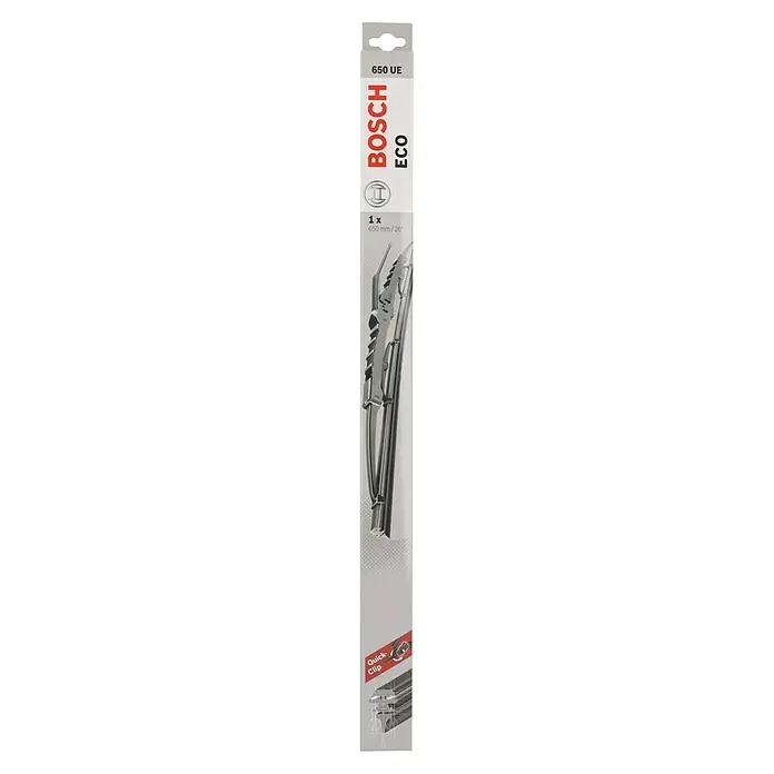 Bosch Scheibenwischer ECO - 650 UE, Anzahl: 1 Stk. - Produktverpackung des Bosch ECO 650 UE Scheibenwischers mit Quick-Clip für einfache Montage. 1 Stück, 650 mm / 26 Zoll.