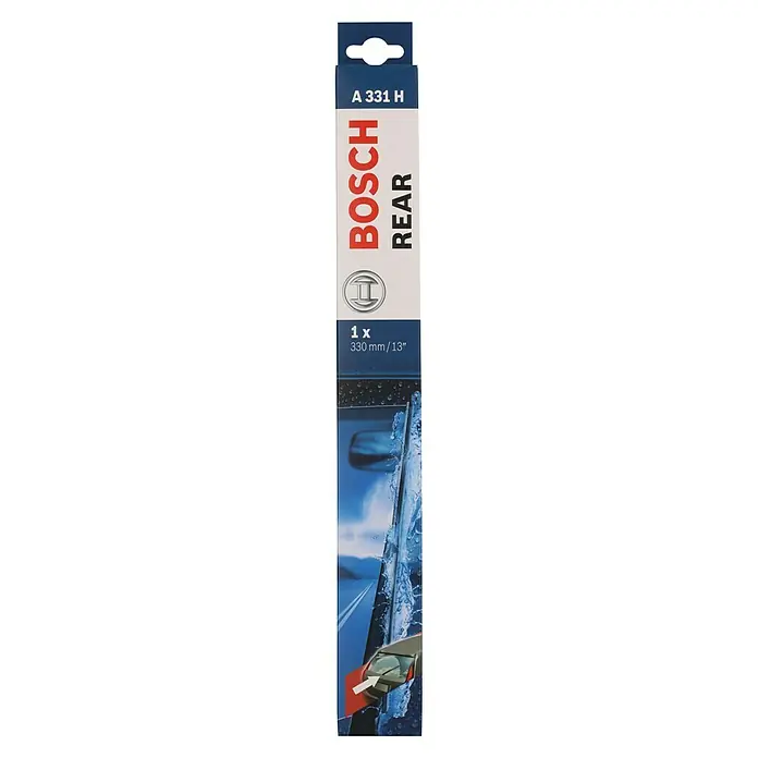 Bosch Aerotwin Heck-Scheibenwischer - A331H, 1 Stk. - Verpackung eines Bosch A 331 H Heckscheibenwischers, der eine klare Sicht bei Regen und Schnee bietet. Das Produkt ist 330 mm/13" groß.