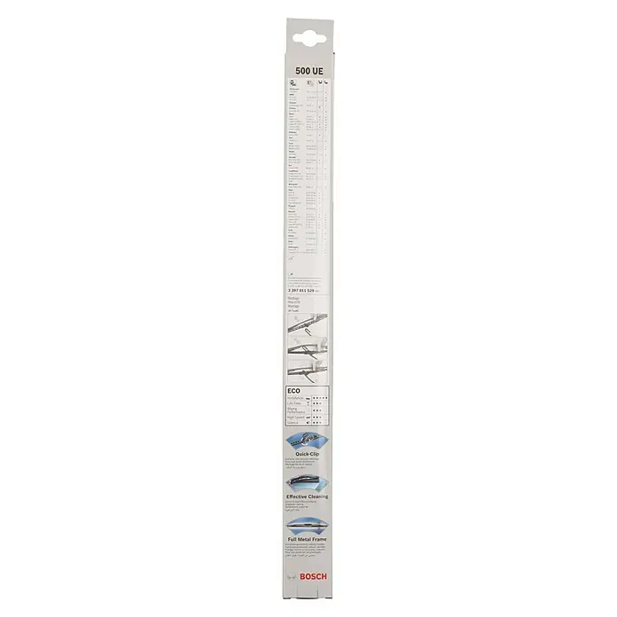 Bosch Scheibenwischer ECO - 500 UE, Anzahl: 1 Stk. - Produktverpackung eines Bosch Scheibenwischers, Modell 500 UE, mit Informationen zu Montage, Eigenschaften und Vorteilen wie Quick-Clip und Vollmetallrahmen.