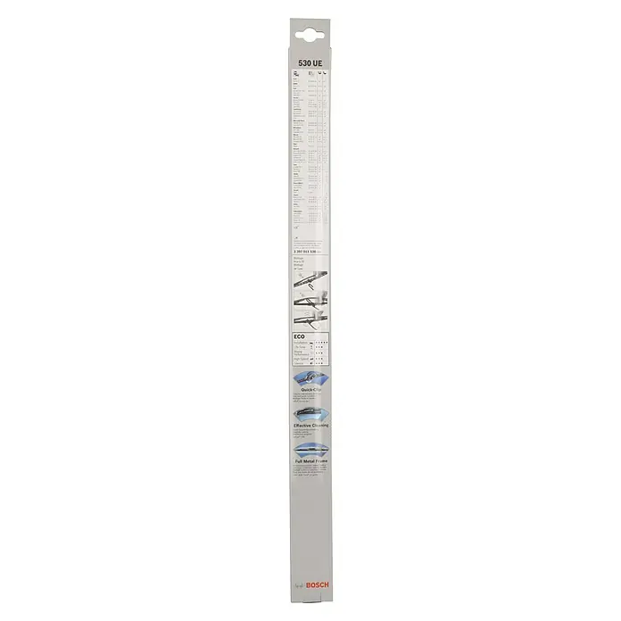 Bosch Scheibenwischer ECO - 530 UE, Anzahl: 1 Stk. - Das Bild zeigt die Verpackung eines Bosch 530 UE ECO Scheibenwischers mit Montageanleitung und Produktmerkmalen. Ideal für klare Sicht.