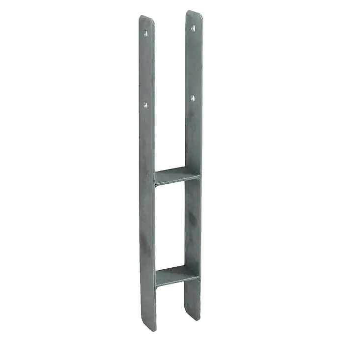 Cerland Anclaje en H para postes - Específico para: Postes de 9 x 9 cm, Acero - La imagen muestra un soporte de poste metálico gris con dos estantes y agujeros para el montaje. Ideal para la construcción de cercas y proyectos de jardín.
