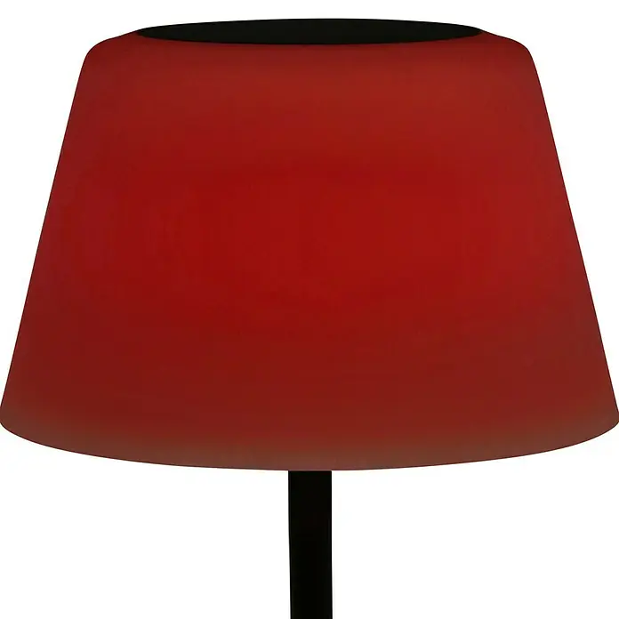 BAUHAUS Solar-Stehleuchte - 5,8 W, L x B x H: 27,5 x 27,5 x 105,5 cm, Schwarz/Weiß, IP44 - Rote Tischlampe mit schwarzem Fuß und Schirm. Das Licht scheint diffus durch den Lampenschirm und erzeugt eine gemütliche Atmosphäre.