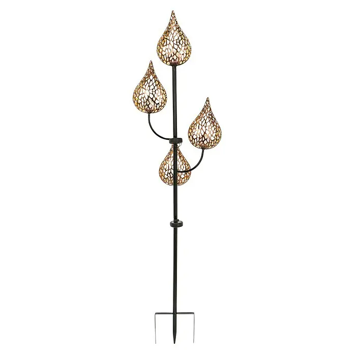 BAUHAUS Solar-Erdspieß Flame - 0,06 W, L x B x H: 38 x 38 x 151 cm, Schwarz/Gold, IP44 - Nahaufnahme einer Gartenleuchte mit fünf tropfenförmigen Schirmen und dekorativem Muster, die eine warme und stimmungsvolle Beleuchtung erzeugt.