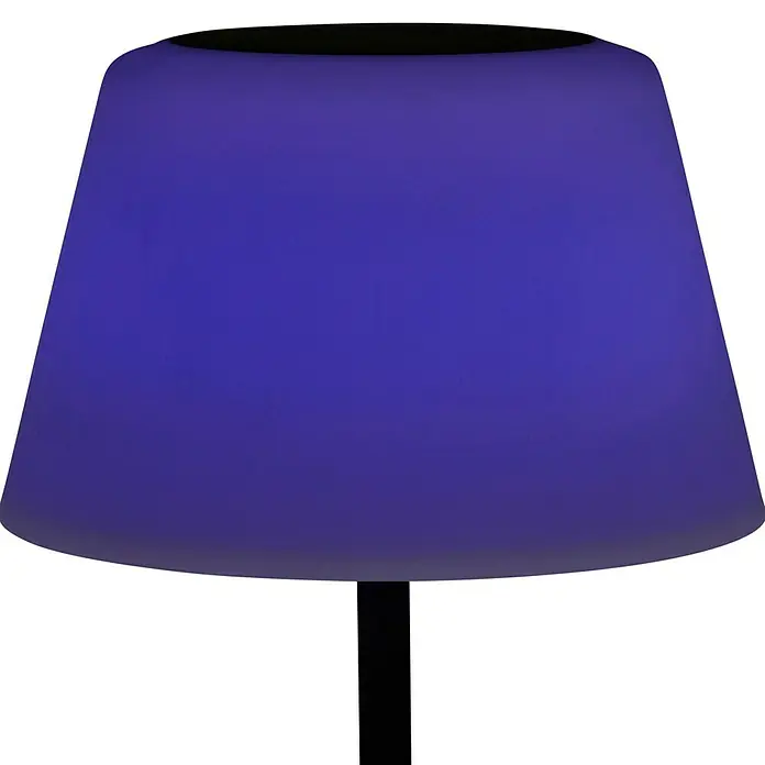 BAUHAUS Solar-Stehleuchte - 5,8 W, L x B x H: 27,5 x 27,5 x 105,5 cm, Schwarz/Weiß, IP44 - Nahaufnahme einer stilvollen, violett leuchtenden Lampe mit modernem Design, ideal für stimmungsvolle Beleuchtung.