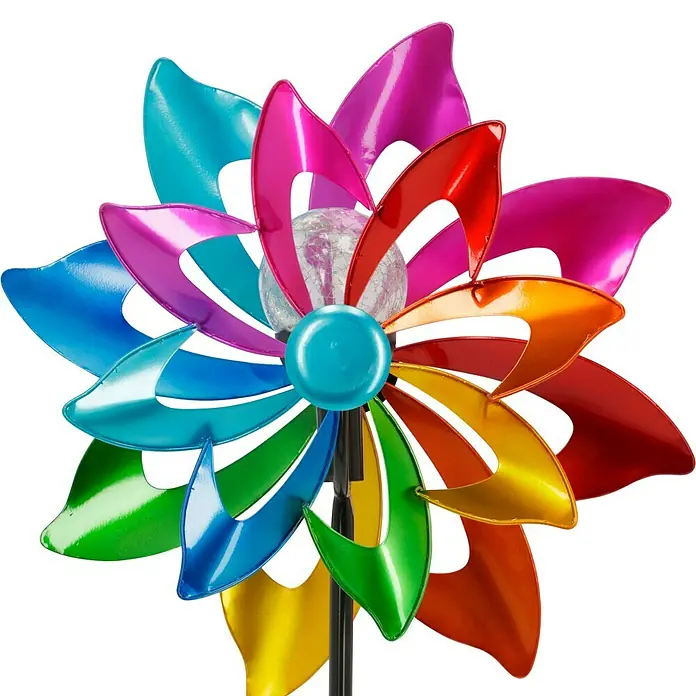 BAUHAUS Solar-Erdspieß WINDSPINNER - 0,06 W, L x B x H: 16 x 38,5 x 137 cm, Bunt, IP44, 1 lm - Buntes Windrad mit Solarlicht. Die Windmühle hat Rotorblätter in Regenbogenfarben und eine Kugel mit Solarlicht in der Mitte.