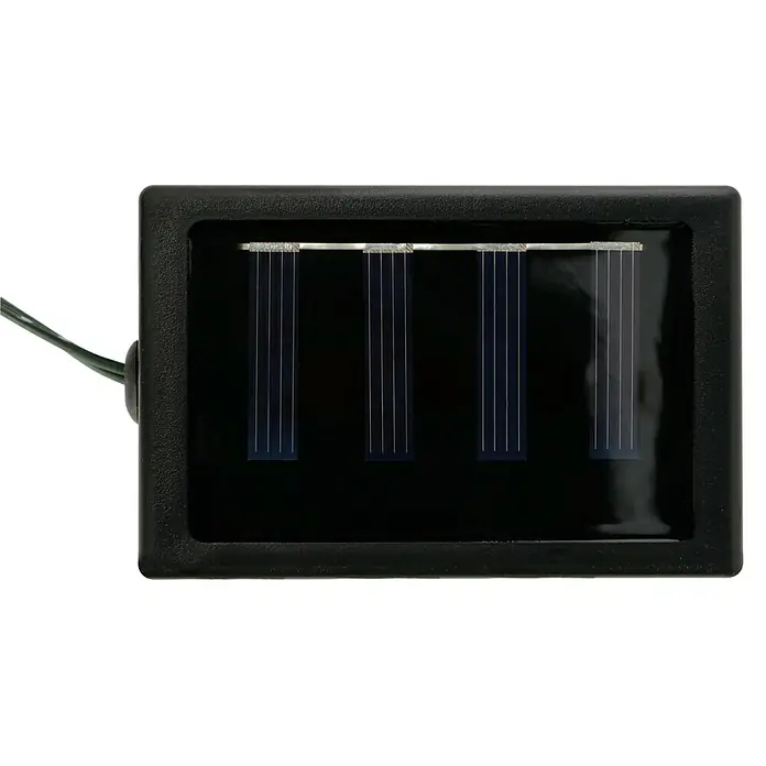 BAUHAUS Solar-Lichterkette MinilampionsLänge: 3,8 m, LED, Leuchtdauer: 8 h, Weiß - Bild einer rechteckigen schwarzen Solarpanel-Ladeeinheit mit vier Solarzellen, die zum Aufladen elektronischer Geräte verwendet wird.