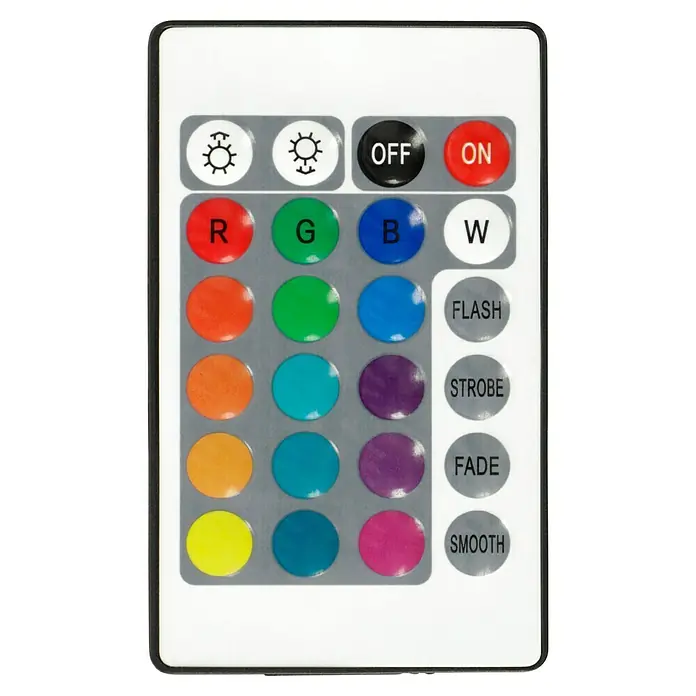 BAUHAUS Solar-Stehleuchte - 5,8 W, L x B x H: 27,5 x 27,5 x 105,5 cm, Schwarz/Weiß, IP44 - Nahaufnahme einer RGB-LED-Lichtleisten-Fernbedienung mit Tasten für Farbe, Helligkeit und verschiedene Lichteffekte.