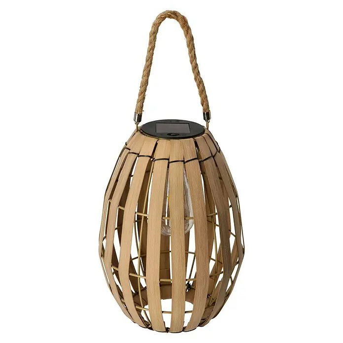 BAUHAUS Solar-Tischleuchte Natural - Rattan, IP44 - Stimmungsvolle Solarleuchte im natürlichen Design. Die Laterne mit Holzverkleidung und Seilhenkel sorgt für warmes Licht im Garten.