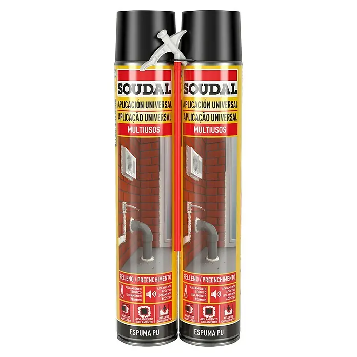 Soudal Adhesivo para montaje Universal - 2 ud., 750 ml - Dos botes de espuma de PU universal Soudal para rellenar y sellar, ideal para aislamiento térmico y acústico en trabajos de montaje.