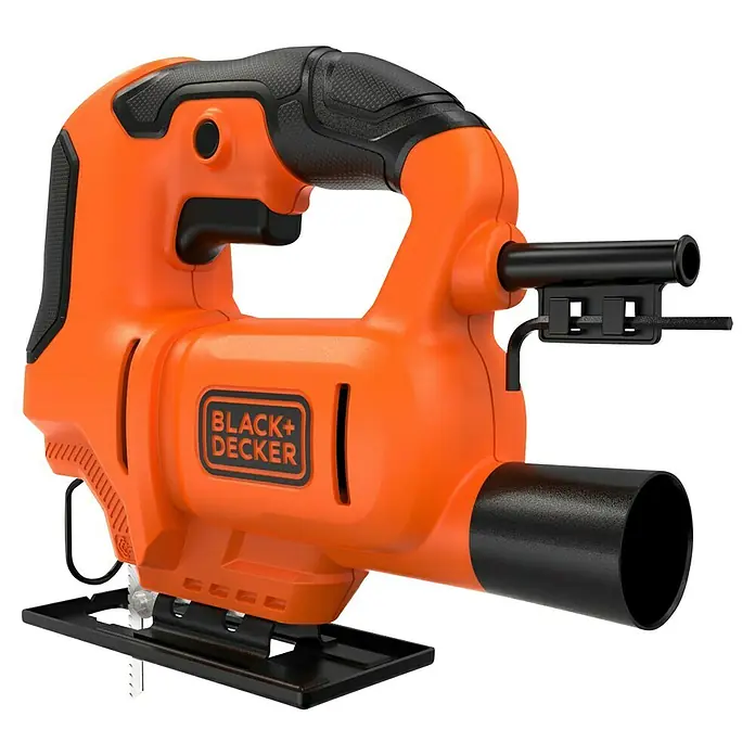 Black+Decker Sierra de calar eléctrica BES602 - 3.000 /min, 65 mm - Primer plano de una sierra de calar naranja Black+Decker. La herramienta está equipada con mango y pie negros.