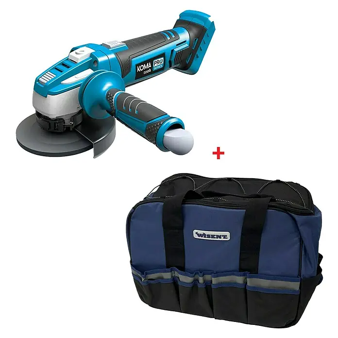 Koma Tools PRO Series Amoladora angular de batería + bolsa Wisent - Sin batería, Diámetro disco: 115 mm - Amoladora angular inalámbrica de Koma Pro Tools y una bolsa de herramientas azul de Wisent. Perfecto para bricolaje y profesionales.