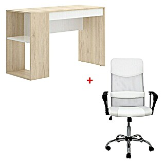 Mesa de escritorio Teo + silla Dafne (L x An x Al: 50 x 115 x 74 cm, Roble/Blanco, 2 pzs.)