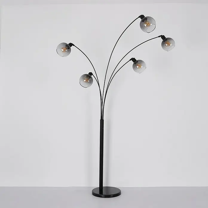 Globo Stehleuchte Seymour - 40 W, Höhe: 208 cm, Schwarz, Rauchglas, Lampenfassung: E27 - Elegante Stehlampe mit fünf kugelförmigen Lampenschirmen in Rauchglas-Optik und schwarzem Metallgestell. Stilvolle Beleuchtung für jedes Wohnambiente.