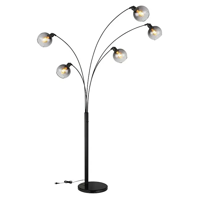 Globo Stehleuchte Seymour - 40 W, Höhe: 208 cm, Schwarz, Rauchglas, Lampenfassung: E27 - Elegante Stehlampe mit mehreren Armen und kugelförmigen Lampenschirmen. Die Lampe ist schwarz und hat ein modernes Design.