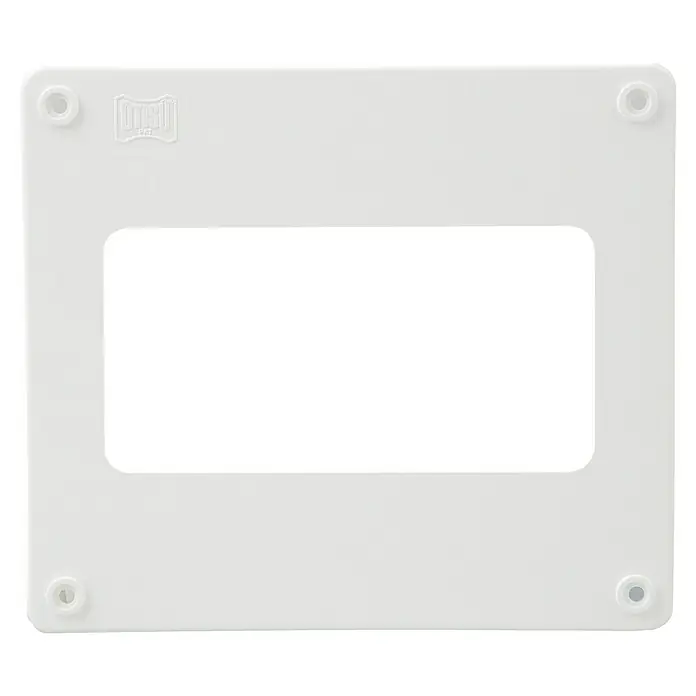 Placa final plano Tubpla - An x Al: 110 x 55 mm, Blanco - Cubierta empotrada Onsu blanca cuadrada con un corte rectangular redondeado y agujeros en las esquinas para facilitar la instalación.