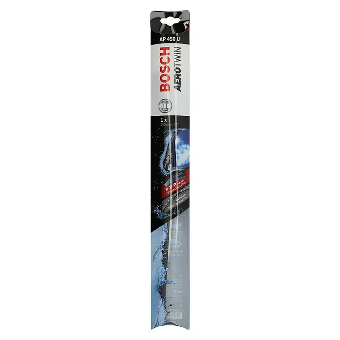Bosch Aerotwin Scheibenwischer - AP450U, Anzahl: 1 Stk. - Verpackung eines Bosch Aerotwin AP 450 U Scheibenwischers mit Wasserspritzbild, das die Leistung und Zuverlässigkeit des Produkts hervorhebt.