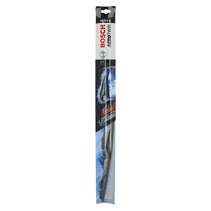 Bosch Aerotwin Scheibenwischer - AP650U, Anzahl: 1 Stk. - Das Bild zeigt einen einzelnen Bosch Aerotwin AP 650 U Scheibenwischer in seiner Verpackung, bereit für den Einsatz, um klare Sicht zu gewährleisten.
