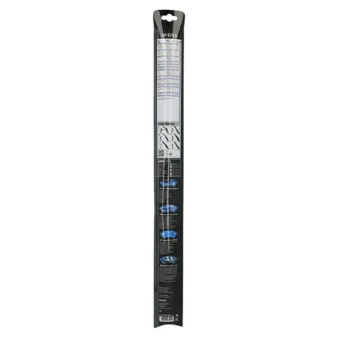 Bosch Aerotwin Scheibenwischer - AP575U, Anzahl: 1 Stk. - Bild einer schwarzen Verpackung eines Bosch AP 575 U Aerotwin Scheibenwischers mit Montageanleitung und Anwendungsdetails.