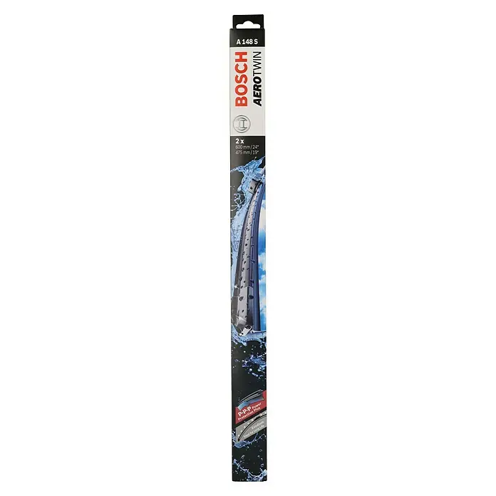 Bosch Aerotwin Scheibenwischer-Set - A148S, 2 Stk. - Produktbild einer Verpackung mit Bosch Aerotwin Scheibenwischern A 148 S, die für klare Sicht und lange Lebensdauer beworben werden.