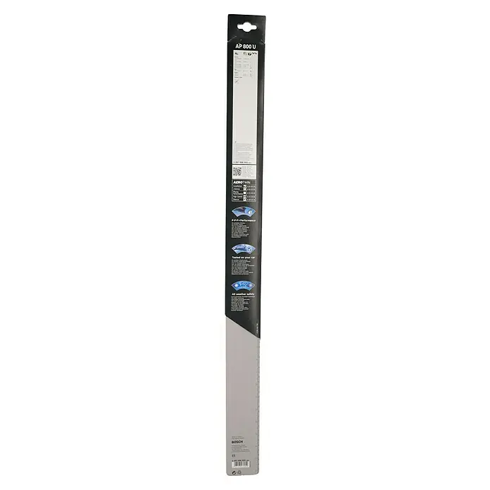 Bosch Aerotwin Scheibenwischer - AP800U, Anzahl: 1 Stk. - Bild einer Bosch AP 800 U Scheibenwischerverpackung. Die Verpackung ist schwarz mit weißem Text und verfügt über eine Längenangabe.