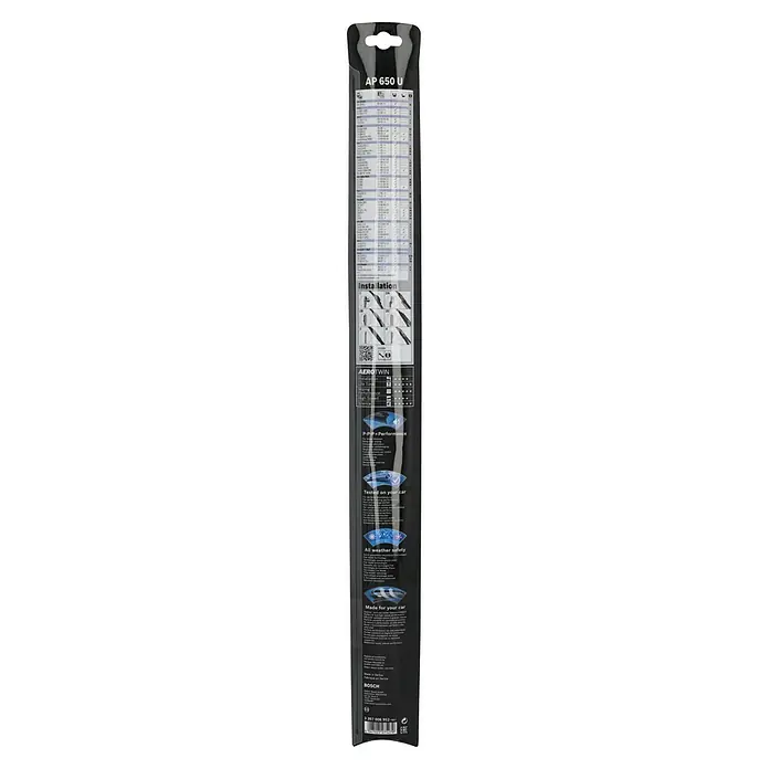 Bosch Aerotwin Scheibenwischer - AP650U, Anzahl: 1 Stk. - Abbildung einer Bosch AP 650 U Scheibenwischerverpackung. Die Verpackung zeigt Details zur Installation und Kompatibilität.