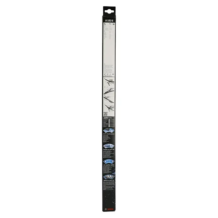 Bosch Aerotwin Scheibenwischer-Set - A153S, 2 Stk. - Produktverpackung für Bosch A153S Aerotwin Scheibenwischer. Die Verpackung zeigt Montageanleitungen und Produktvorteile.