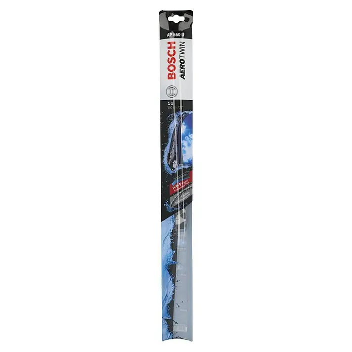 Bosch Aerotwin Scheibenwischer - AP550U, Anzahl: 1 Stk. - Produktverpackung Bosch Aerotwin AP 550 U, inklusive Scheibenwischer. Die Verpackung zeigt Wasser und den Produktnamen, um aufzuzeigen, wie effektiv das Produkt ist.