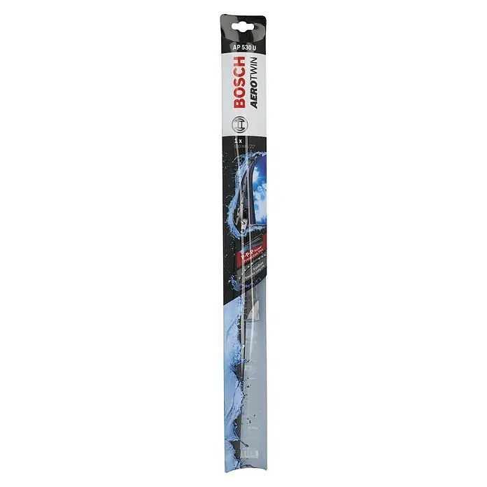 Bosch Aerotwin Scheibenwischer - AP530U, Anzahl: 1 Stk. - Produktverpackung Bosch Aerotwin AP 530 U. Die Verpackung zeigt einen Scheibenwischer und Wasser, was auf seine Funktion hinweist.