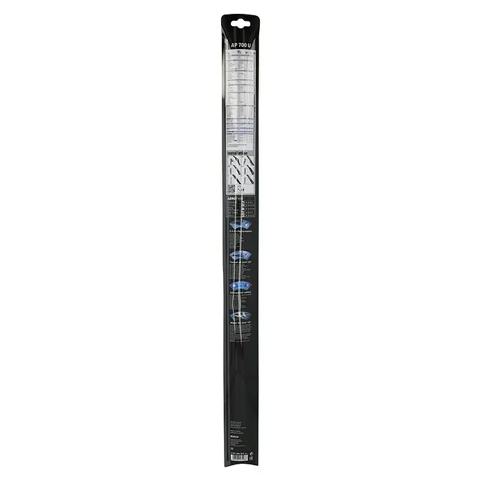 Bosch Aerotwin Scheibenwischer - AP700U, Anzahl: 1 Stk. - Das Bild zeigt die Verpackung eines Bosch AP 700 U Scheibenwischers, die detaillierte Anleitungen und Kompatibilitätsinformationen enthält.